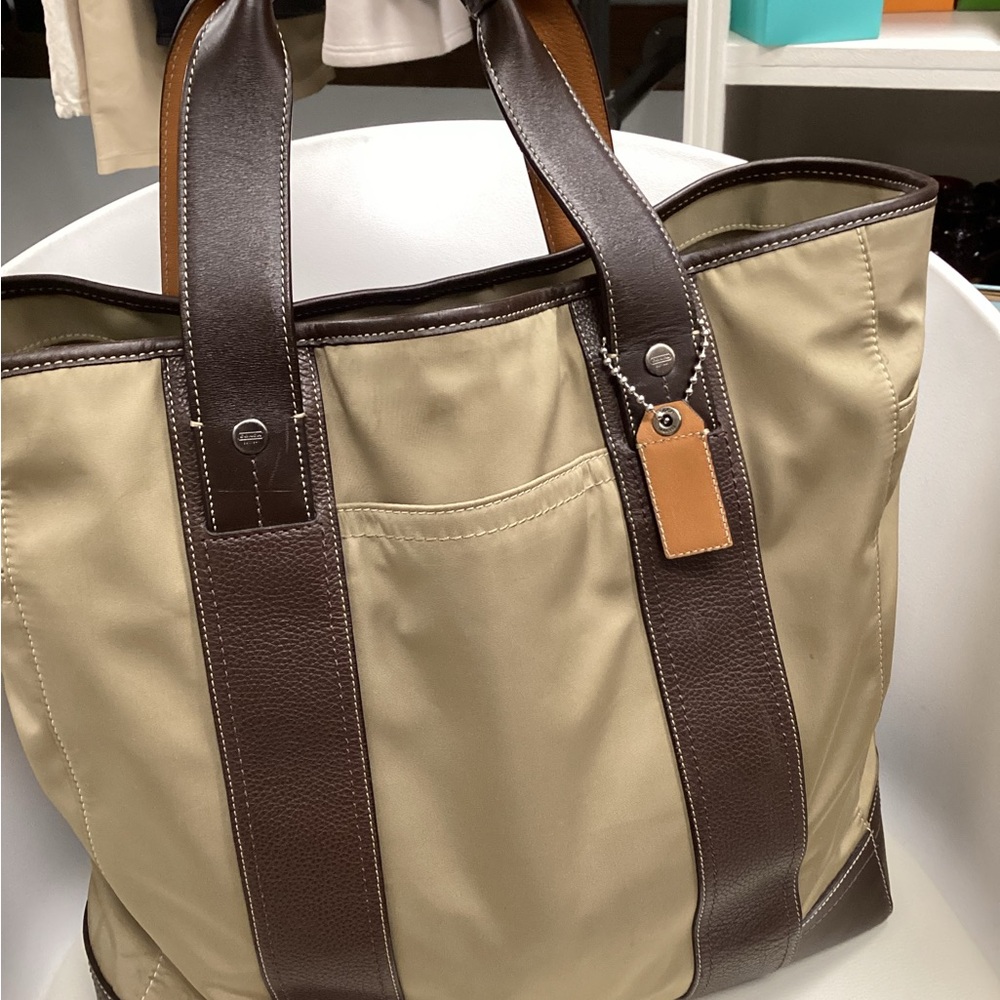Coach Nylon Leather Tote Bag Khaki Brown Large Carryall F045364